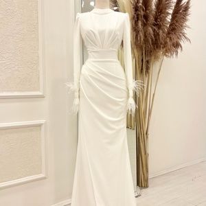 Modest White feather evening gown